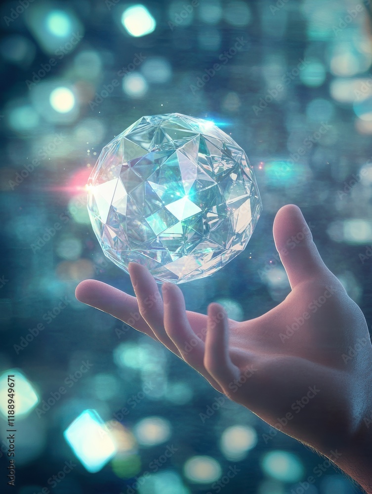 Poster close up of business man hand pointing at abstract glowing polygonal sphere and digital business int