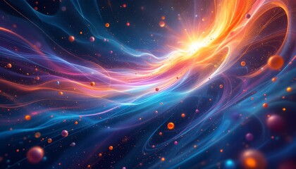 A vibrant abstract with swirling cosmic energy and floating orbs, symbolizes boundless possibilities, perfect for tech and science themed events, presentations and digital media.