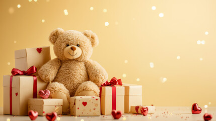 Soft teddy bear surrounded by beautifully wrapped gifts exuding warmth and love on a festive background
