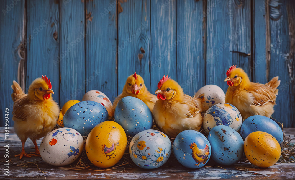 Poster Group of four chicks are standing in front of a pile of eggs. The eggs are of different sizes and colors, with some being blue and others yellow