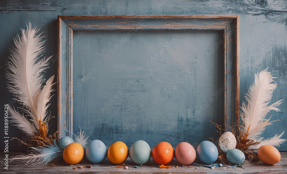 Aufkleber Frame with a bunch of eggs and feathers. The frame is blue. The eggs are in different colors