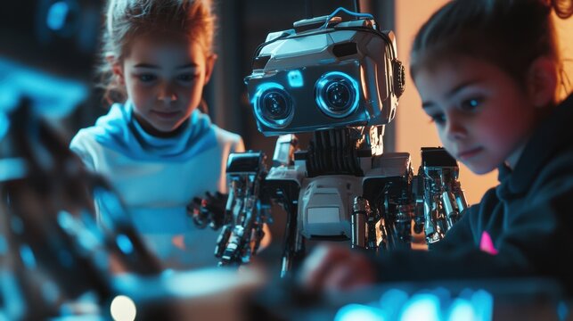 Multicultural happy diverse schoolchildren learning using gadgets and building robots on software robotics engineering class. Elementary school science classroom. STEM education concept. Cut image.