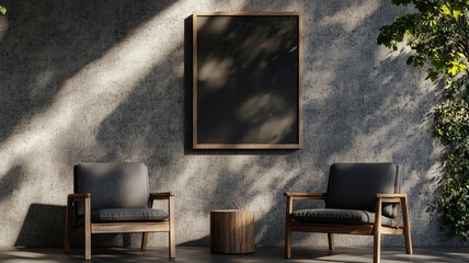 A Minimalist industrial living room with wooden chairs and blank frame