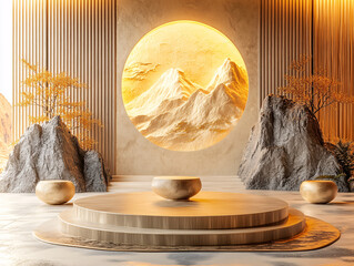 Obraz premium Chinese new year theme, futuristic, abstract scene with a golden, wave-like structure and a smooth, rounded platform in the foreground, all set against a textured, vertical line background. 