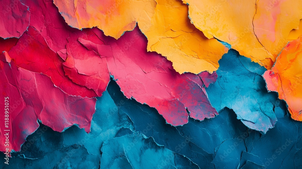Poster vibrant abstract texture with layers of colorful paper scraps