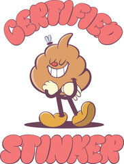 Groovy poop character in retro style with quote