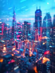 Fototapeta premium Creative business chart hologram on blurry blue city background. Innovation, finance, trade, future, ai and technology concept. Double exposure
