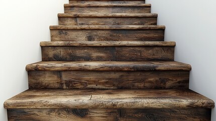 Rustic wooden staircase ascending against a white wall.