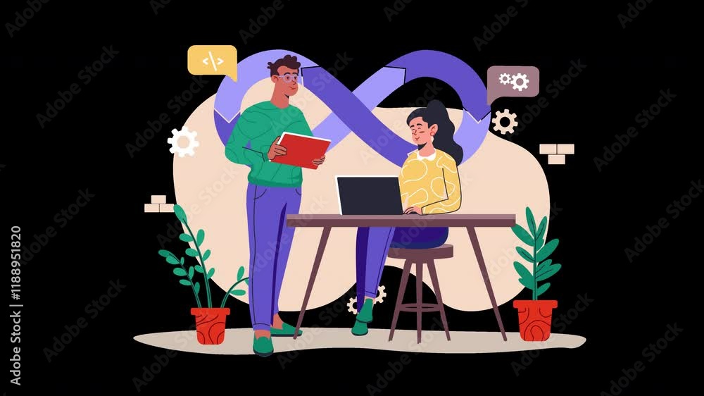 Poster a diverse couple working on a coding project together at a desk, surrounded by plants in a colorful,