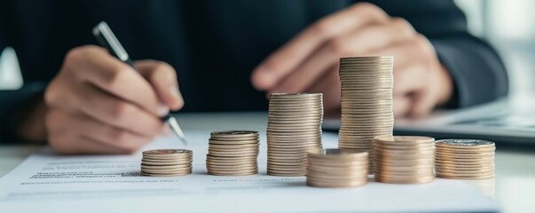 Financial advisor negotiates payment plans with client. Stacks of coins represent debt settlement, restructuring. Pro consultation focused on financial solutions. Documents illustrate payment plan