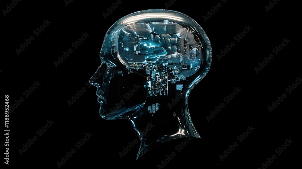 Poster realistic artificial intelligence. computer mind connections head. human head with circuit board ins
