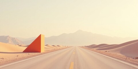 A solitary orange geometric structure stands beside a long, empty desert highway, leading towards a hazy mountain range under a pale sun.