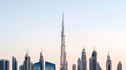 Stunning Skyline of a Modern City Featuring an Iconic Tall Building Surrounded by Contemporary Architecture Against a Clear Sky at Sunset