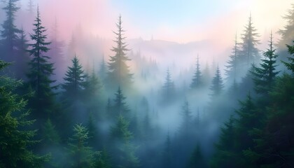 Misty Mountain Forest: A Serene, Dreamlike Dawn