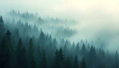 Naklejka premium Misty Mountain Forest: A Serene, Dreamlike Landscape
