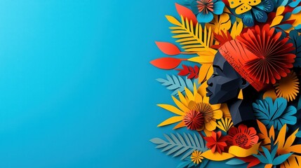Fototapeta premium Colorful paper art featuring a woman's silhouette surrounded by vibrant flowers and leaves. celebration of African American history concept