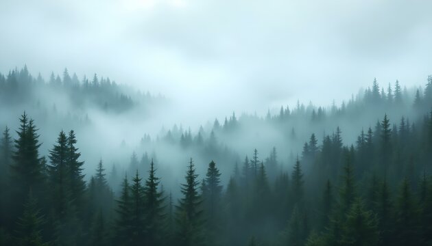 Fototapeta Misty Mountain Forest: Enigmatic Evergreen Landscape in Serene Hues