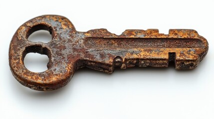 Rusty antique key isolated on white background.