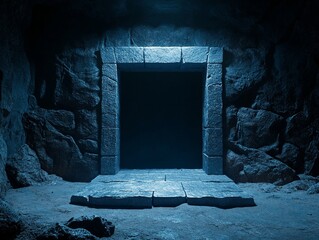 A mysterious cave entrance with stone framing, illuminated in blue light, evokes intrigue and adventure