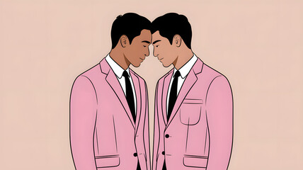 Fototapeta premium Stylized Illustration of Two Men in Pink Blazers Sharing a Moment of Emotional Connection