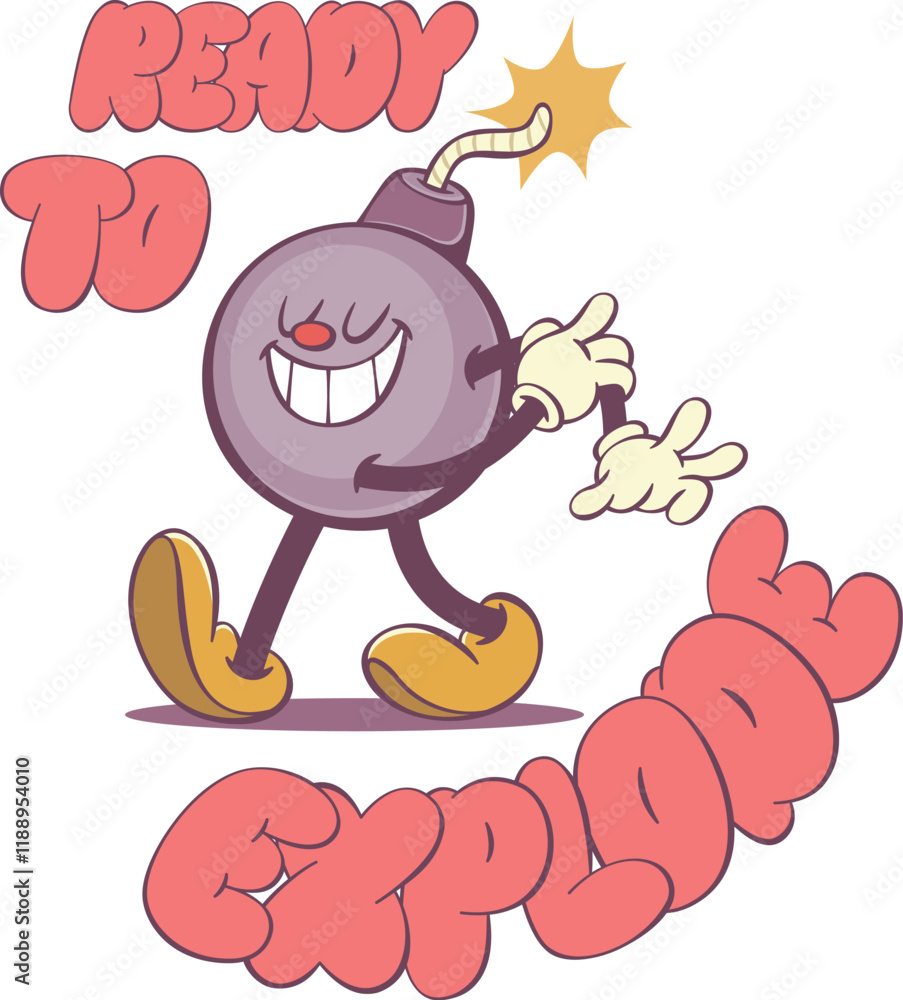 Poster cute retro bomb character with positive groovy vibes text - funky 70s inspired art