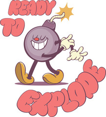 Cute Retro Bomb Character with Positive Groovy Vibes Text - Funky 70s Inspired Art