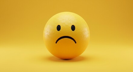 Yellow sphere textured with sad face emoji on yellow background. Horizontal composition.