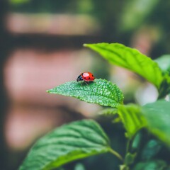 Fototapeta premium Ladybug on Green Leaf Nature Photography Peaceful Serenity Summer Garden