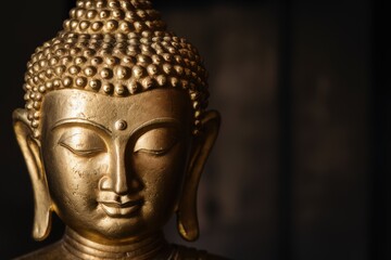 golden buddha statue, serene expression, metallic sheen, close-up portrait, spiritual, zen, peaceful, ornate details, soft lighting, dark background, ancient wisdom, meditative, temple art, Asian cult