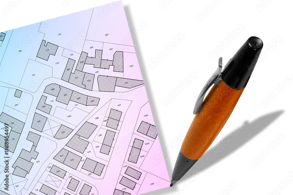 Poster fictional cadastral map with buildings land parcel and vacant plot - land records and property regis