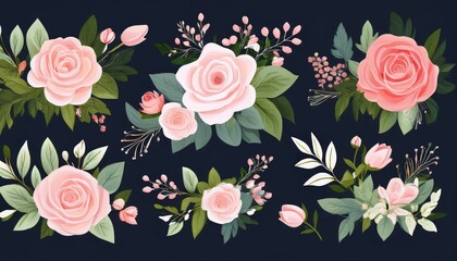 Generated image Beautiful romantic flower collection with roses, leaves, floral bouquets, flower compositions
