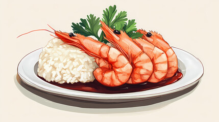 A plate of shrimp with rice and sauce. Seawood. Illustration