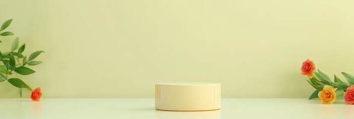 Elegant Wooden Display Stand with Flowers - Minimalist product display, wooden stand, pastel background, floral accents, spring theme.