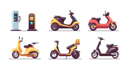Office transportation isolated cartoon vector illustrations set. Electric car chargers near smart office, bicycle-friendly workspace, riding an electric scooter at modern workplace vector cartoon.