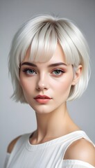 Fashion Stylish Portrait with White Short Hair. Beautiful Girl's Face with Haircut. Hairstyle. Fringe. Professional Makeup. Make-up. Fashion portrait of woman with bob hairstyle. Vogue Style Woman.
