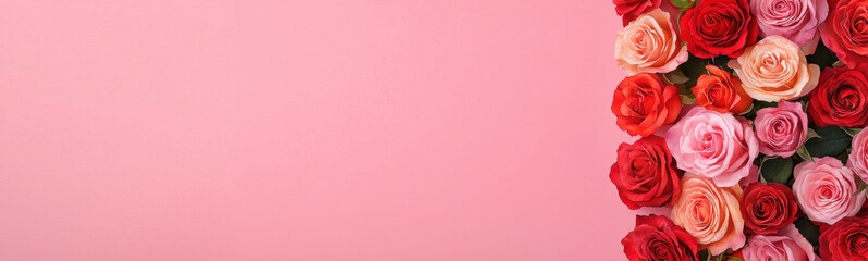 Naklejka premium Beautiful roses in various shades of red and pink on pink background