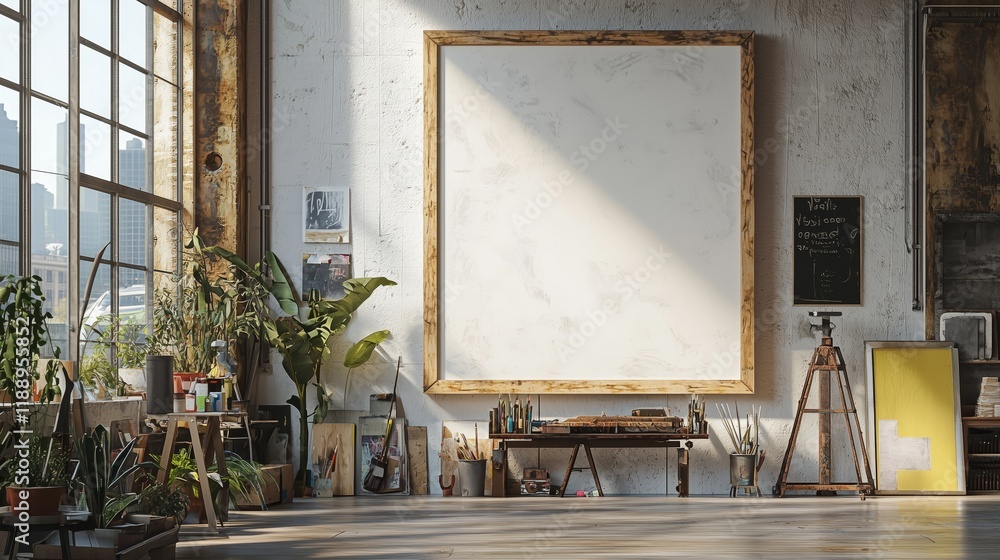 Aufkleber spacious art studio with large empty canvas and natural light