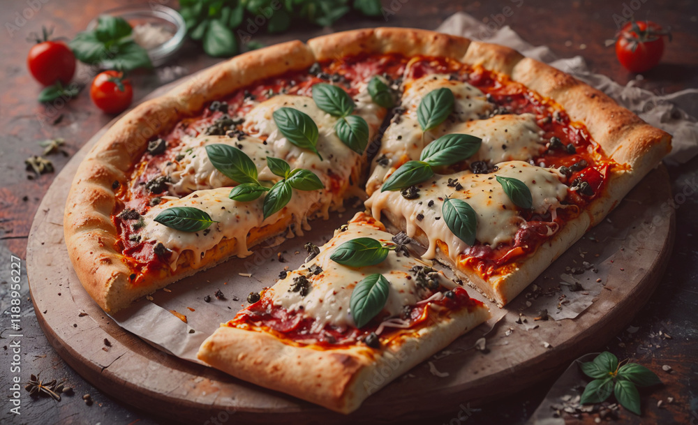 Poster slice of pizza with basil leaves on top. the slice is missing. the pizza is on a wooden board