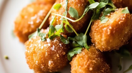 Crispy fried salmon bites, freshly plated with a garnish of fresh herbs, offering a deliciously crunchy and flavorful bite.