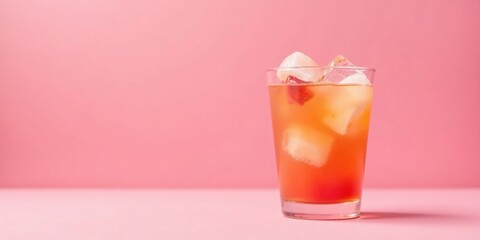 Refreshing summer beverage with ice cubes in a tall glass against a pink background