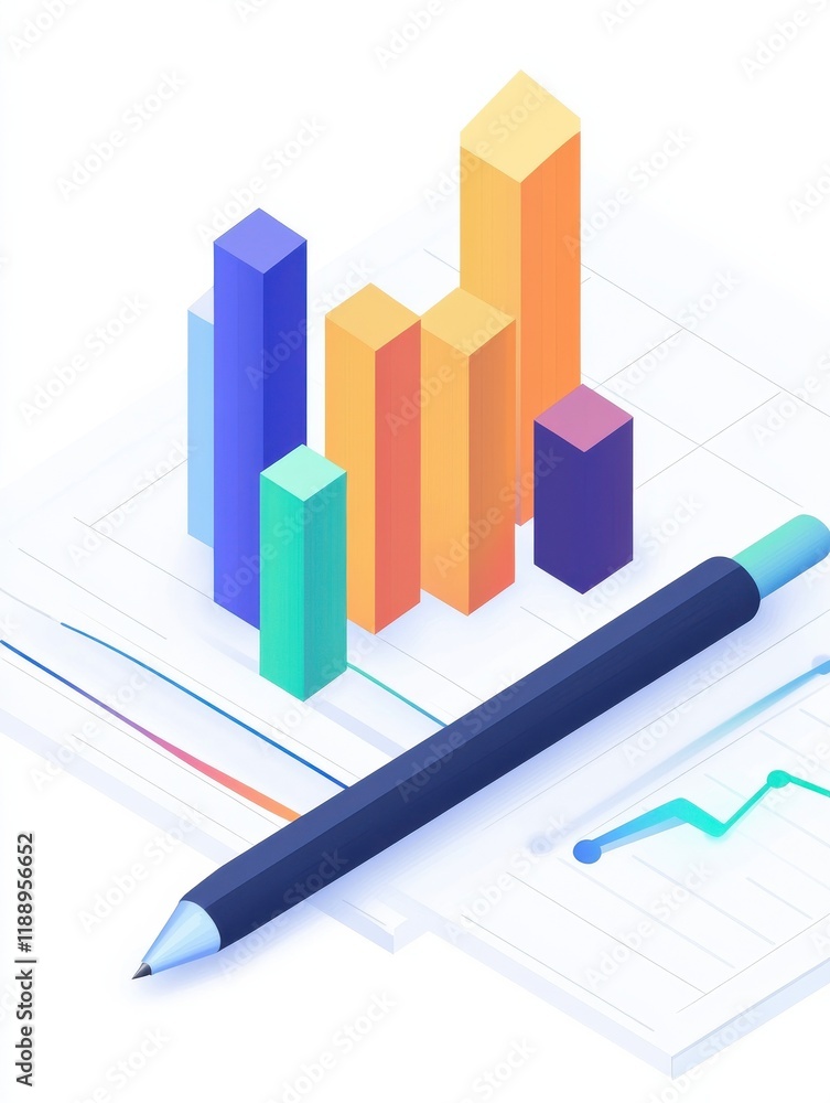 Poster colorful business graphs and charts with a pen on a white background, illustrating data analysis and
