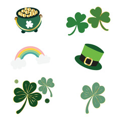 St Patrick's Day Leaf Clover Shamrock Lucky Gold Irish Green Hat with Golden Buckle Vector Set