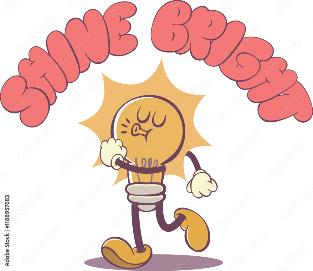 Poster retro groovy light bulb character with funky handwritten quote - 70s style typography design
