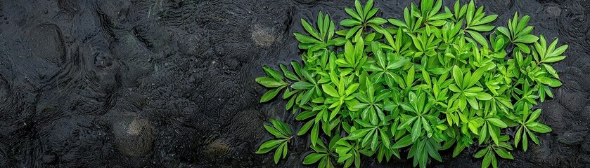 Fresh Green Leaves on Dark Wet Stones Creating a Vibrant Natural Contrast in a Garden Setting