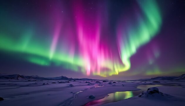 Aurora Borealis: Vibrant Pink and Green Lights Dancing over Icy Plains