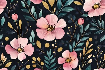 Romantic Botanical Design: Watercolor Flowers and Green Leaves on Dark Background
