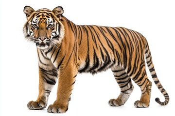 Obraz premium A majestic tiger stands confidently, showcasing its vibrant orange coat and distinctive black stripes against a white background.