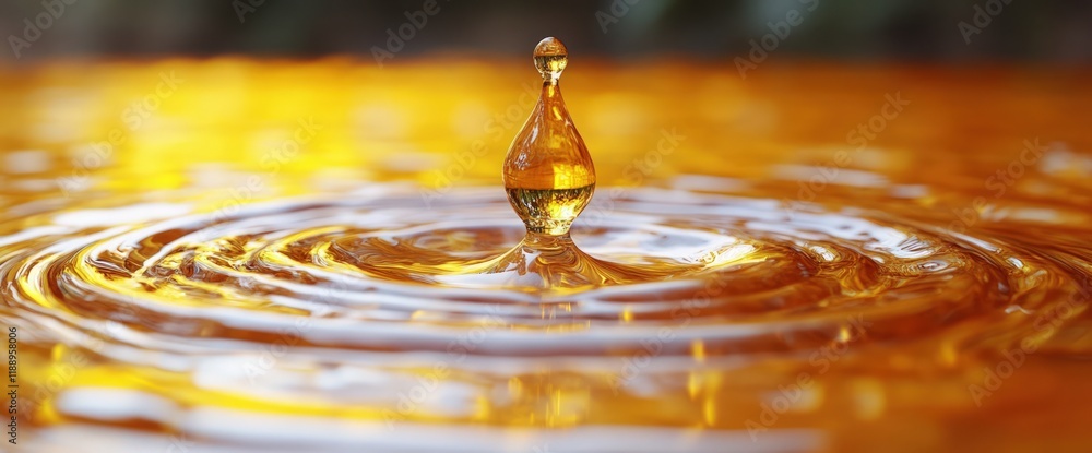 Poster golden liquid drop falling, creating concentric ripples on the surface.