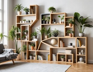 Unique geometric shelves with various sized boxes, filled with books, small plants and modern art decorations.