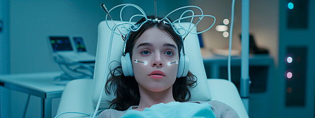 A young Caucasian woman undergoing futuristic medical therapy with a high-tech headgear and sensors in a clinical setting. Concept of neurotechnology and innovation in therapy.